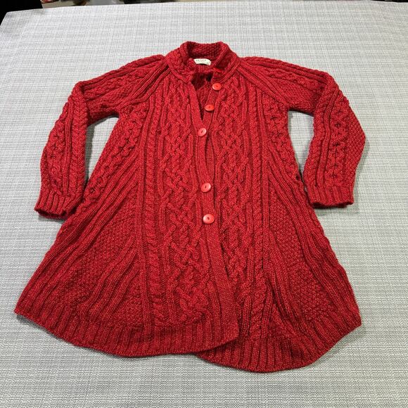 Blarney Woollen Mills Cardigan Sweater Small Red‎ Cable Knit Fisherman Merino * - Picture 1 of 10